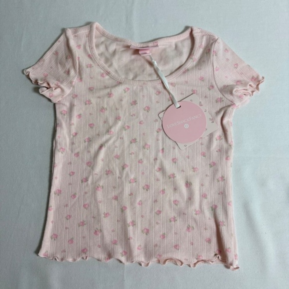LoveShackFancy Target Top M Pink NEW Floral Pointelle Lettuce Trim Scoop Neck